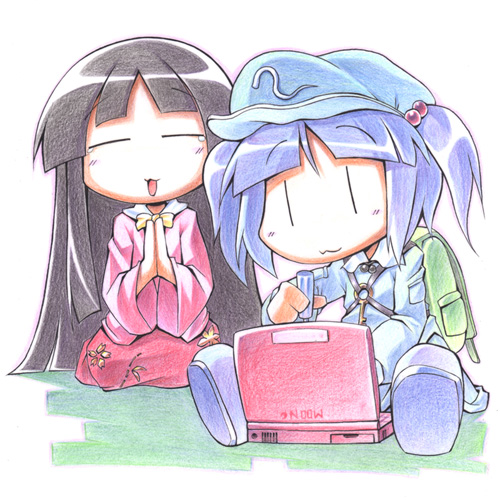 uccow, houraisan kaguya, kawashiro nitori, touhou, bad id, bad pixiv id, lowres, 2girls, :3, chibi, comic, computer, female focus, laptop, multiple girls, two side up, | |