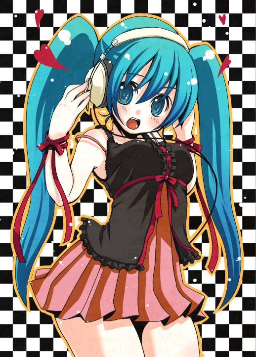 yuki (pixiv), yukiu con, hatsune miku, vocaloid, bad id, bad pixiv id, aqua eyes, aqua hair, blush, dress, fang, headphones, long hair, open mouth, ribbon, solo, twintails
