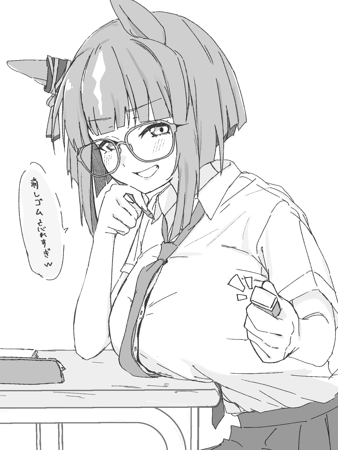 takapachi.jp, transcend (umamusume), umamusume, commentary request, highres, translation request, 1girl, animal ears, blush, bow, breasts, collared shirt, desk, dress shirt, ear ribbon, eraser, from side, glasses, greyscale, grin, hand up, holding, holding pencil, horse ears, horse girl, large breasts, looking at viewer, medium hair, monochrome, necktie, notice lines, pencil, pleated skirt, school desk, school uniform, shirt, sitting, skirt, smile, solo