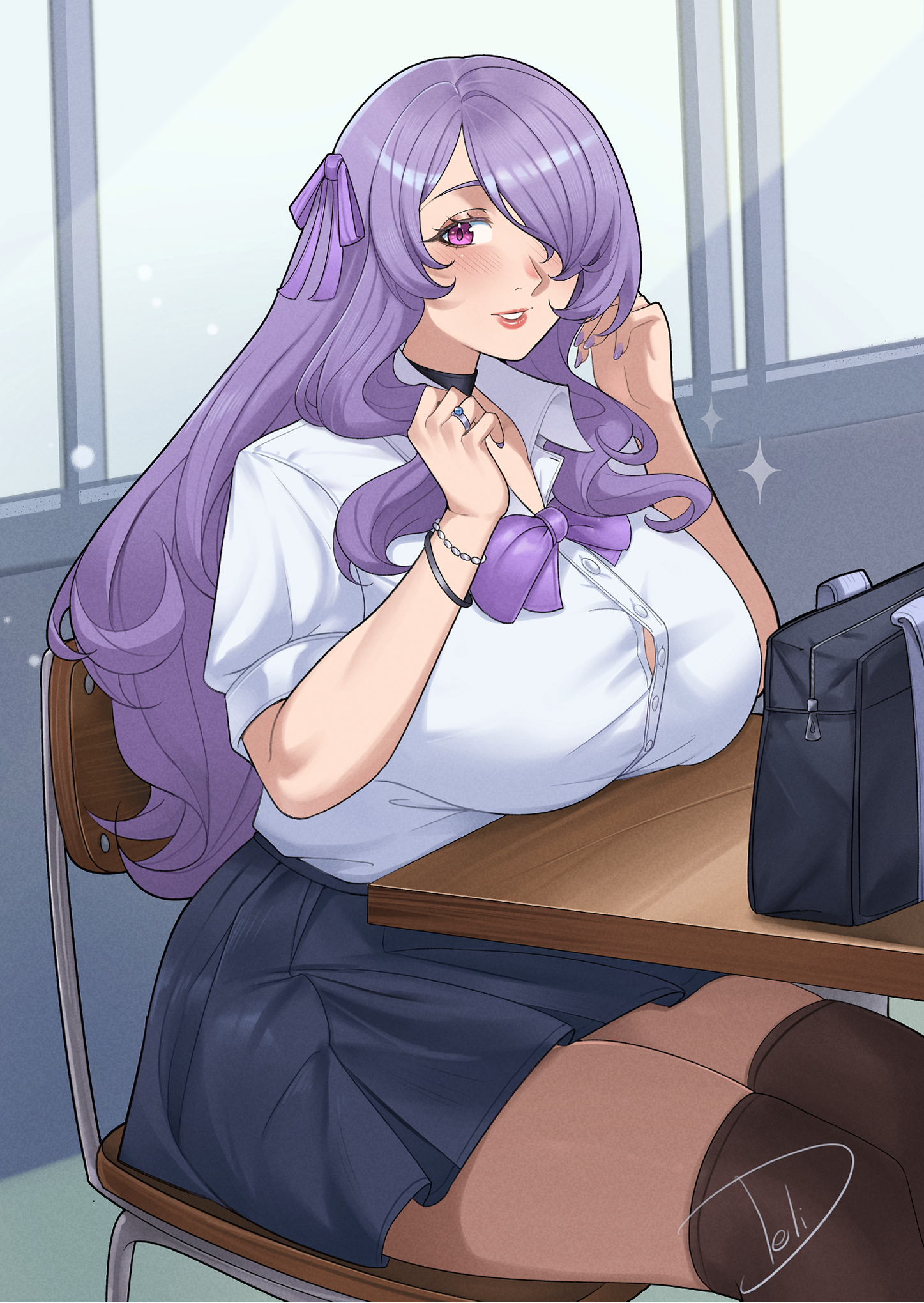 deliciousbrain, camilla (fire emblem), fire emblem, fire emblem fates, nintendo, highres, 1girl, bag, black choker, black thighhighs, blue skirt, blush, bow, bowtie, bracelet, breast rest, breasts, breasts on table, button gap, chair, choker, classroom, collared shirt, contemporary, desk, hair bow, hair over one eye, huge breasts, indoors, jewelry, lips, long hair, looking at viewer, on chair, open mouth, parted lips, partially unbuttoned, purple bow, purple bowtie, purple eyes, purple hair, ring, school bag, school desk, school uniform, shirt, short sleeves, sitting, skindentation, skirt, smile, solo, star (symbol), thick thighs, thighhighs, thighs, very long hair, wavy hair, white shirt, window
