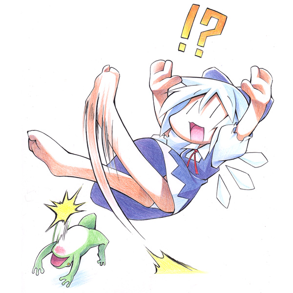 uccow, cirno, embodiment of scarlet devil, touhou, bad id, bad pixiv id, traditional media, !?, 1girl, barefoot, chibi, dress, feet, female focus, frog, full body, kicking, panties, pantyshot, slipping, solo, underwear, white background, | |