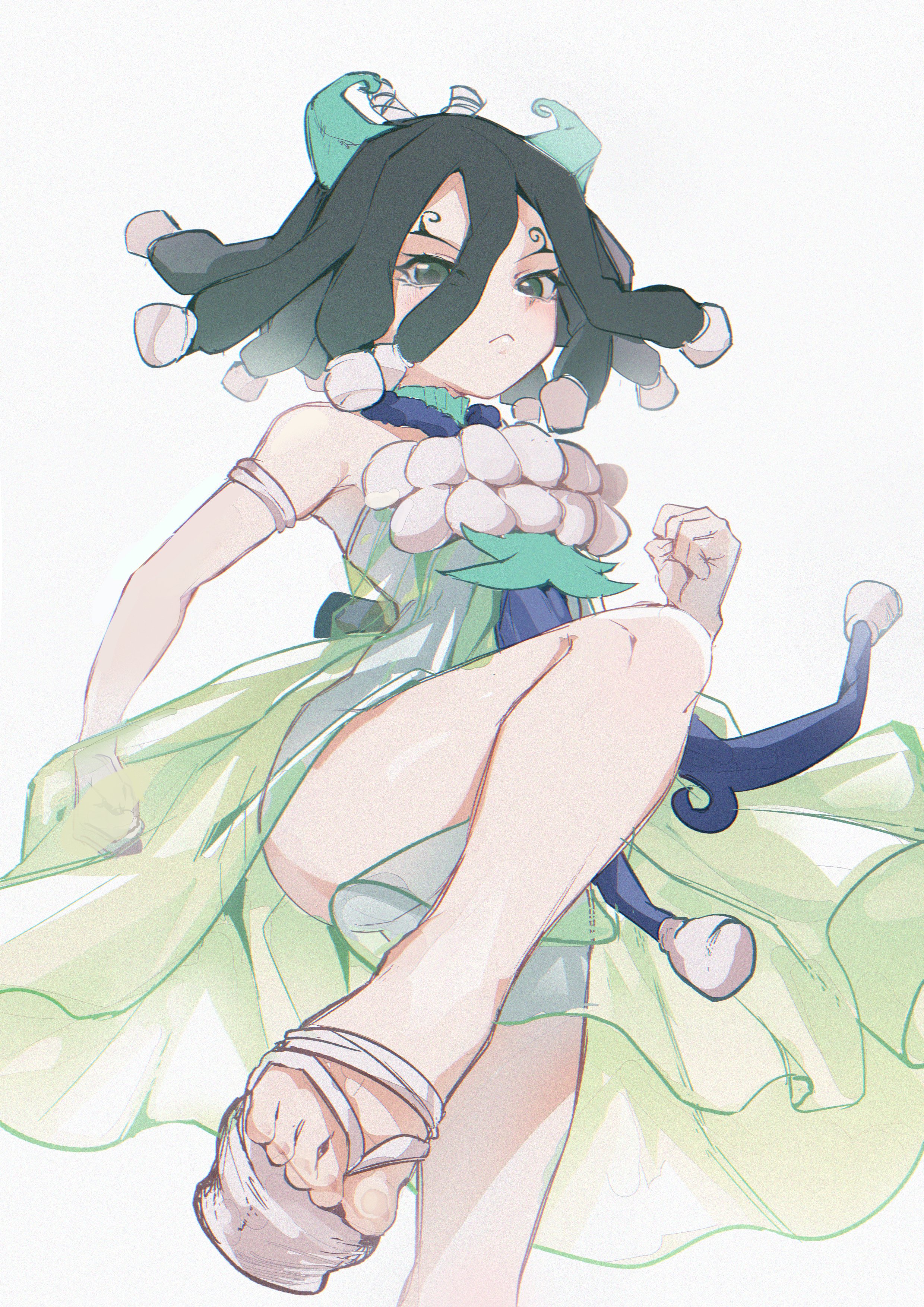 iceray 0611, kirisame (dr. stone), dr. stone, absurdres, highres, 1girl, black hair, closed mouth, dress, fighting stance, green dress, green eyes, legs up, shoes, white shoes