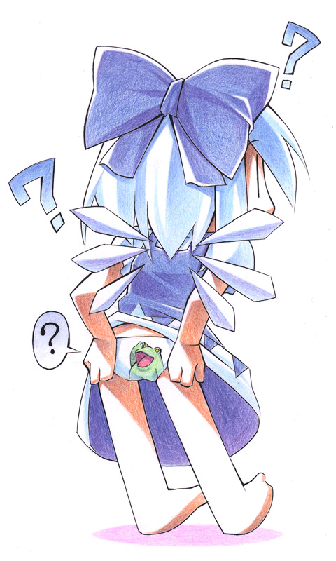 uccow, cirno, embodiment of scarlet devil, touhou, bad id, bad pixiv id, 1girl, ?, animal print, barefoot, chibi, dress, female focus, frog, frog panties, frog print, full body, panties, print panties, solo, underwear, white background