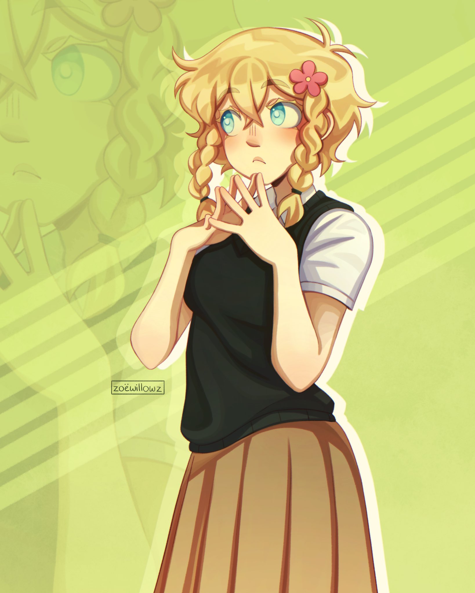 basil (faraway) (omori), basil (omori), omori, highres, 1girl, antenna hair, artist name, blonde hair, blue eyes, braid, bright pupils, brown skirt, closed mouth, collared shirt, crossed bangs, double-parted bangs, flower, genderswap, genderswap (mtf), green sweater vest, hair between eyes, hair flower, hair ornament, long skirt, pleated skirt, shirt, short hair, short sleeves, skirt, solo, sweater vest, twin braids, white pupils, white shirt, zoewillowz, zoom layer