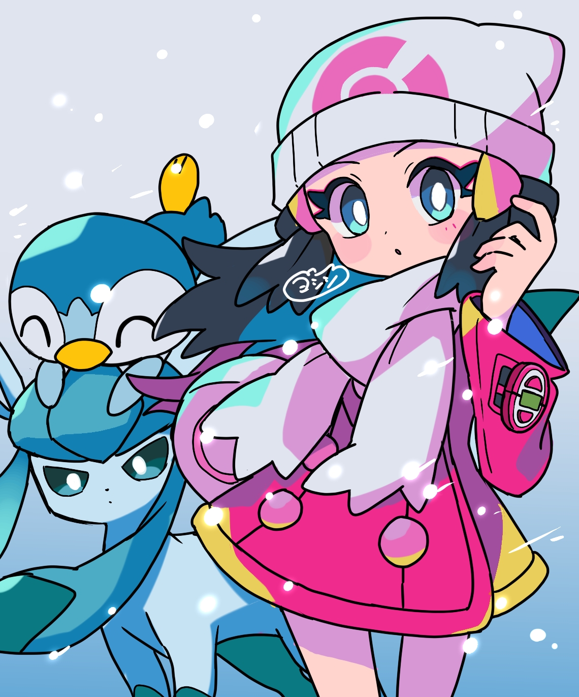 yoshishi (yosisitoho), dawn (pokemon), glaceon, piplup, nintendo, pokemon, pokemon dppt, pokemon platinum, highres, 1girl, :o, bag, beanie, bird, black hair, blue background, blue eyes, blue fur, bright pupils, closed eyes, coat, duffel bag, gen 4 pokemon, hair ornament, hairclip, hat, long hair, looking at viewer, penguin, pink bag, pink coat, poke ball print, poke ball symbol, pokemon (creature), scarf, simple background, snow, standing, two-tone fur, upper body, white hat, white pupils, white scarf