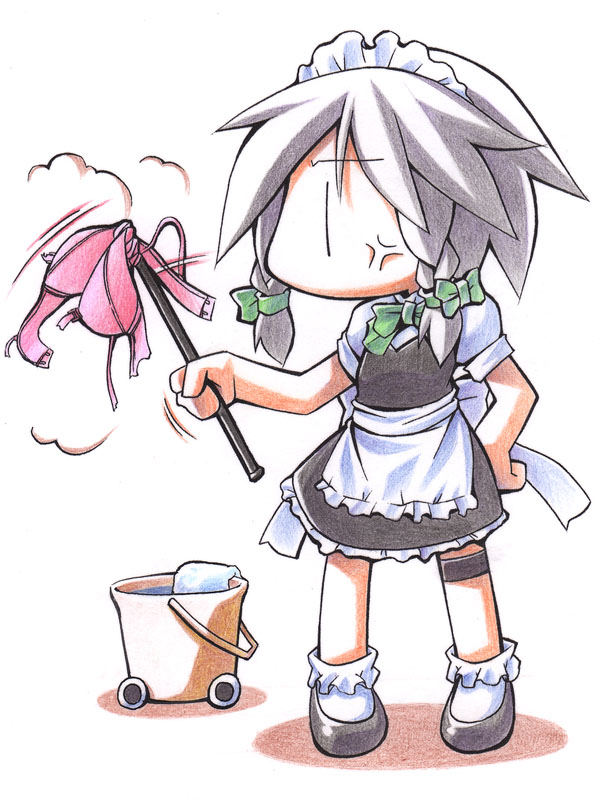 uccow, izayoi sakuya, moriya suwako, pyonta, touhou, bad id, bad pixiv id, 1girl, anger vein, bobby socks, bra, bucket, chibi, cleaning, cleaning rag, duster, female focus, full body, hand on own hip, hip focus, lingerie, maid, shoes, simple background, socks, solo, standing, thigh strap, underwear, | |