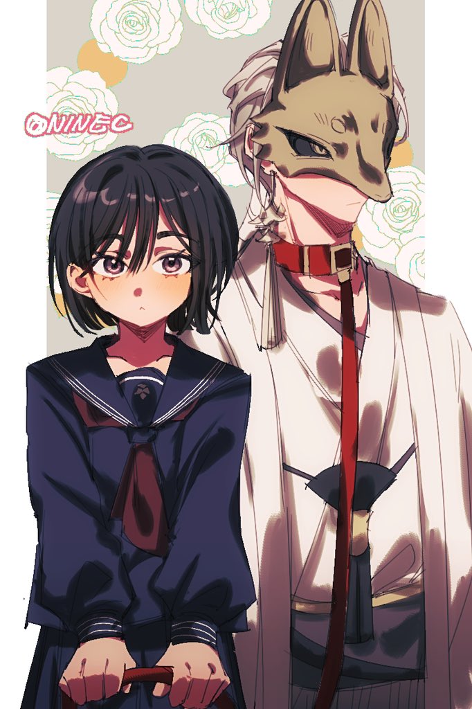 qiluge, fox mask (silent hill), shimizu hinako, silent hill (series), silent hill f, 1boy, 1girl, animal collar, black sailor collar, black sclera, black serafuku, collar, colored sclera, earrings, fox mask, jewelry, mask, neckerchief, red neckerchief, robe, sailor collar, school uniform, serafuku, tassel, tassel earrings, white robe