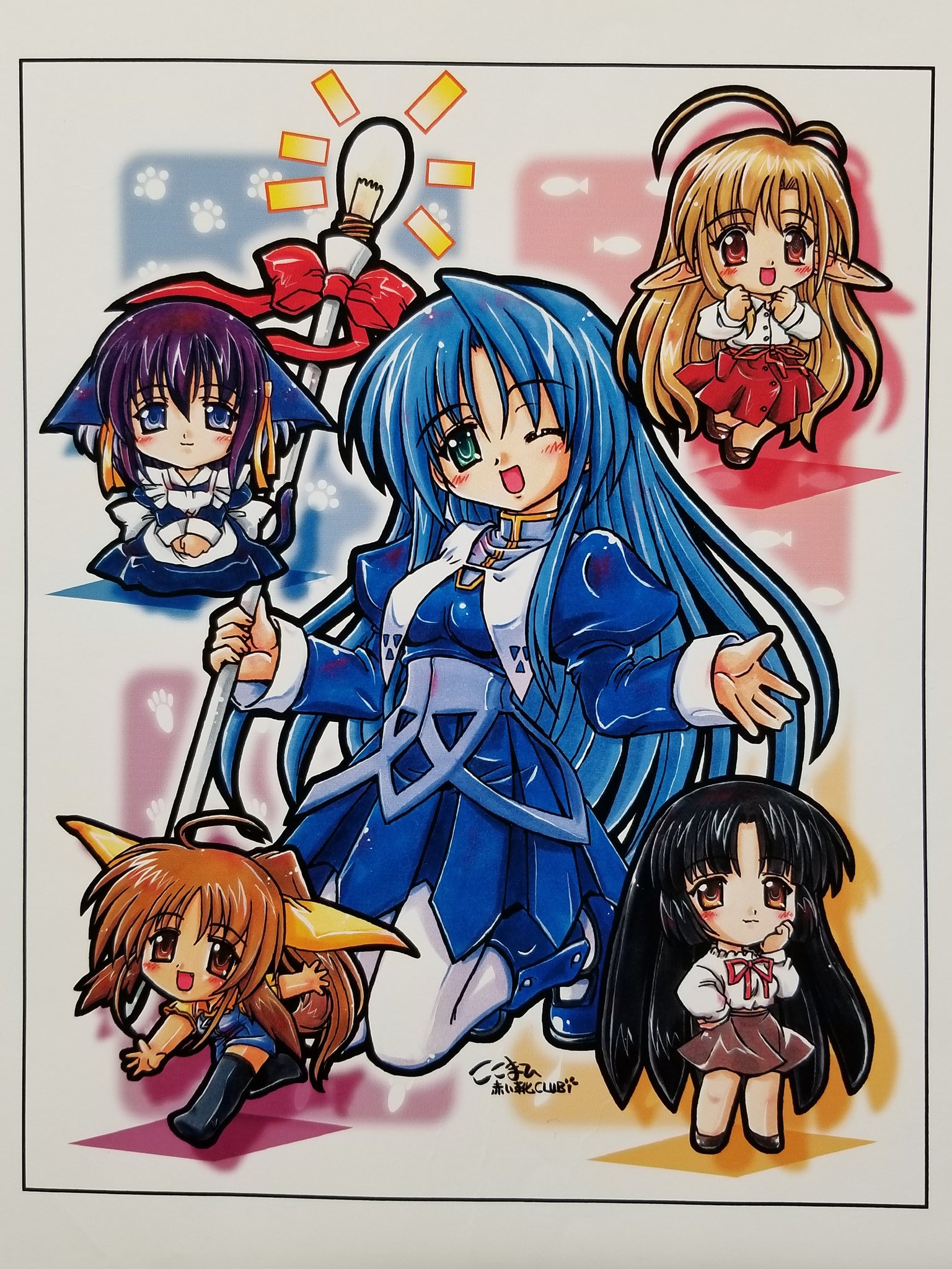 kokomahi, choko (happy breeding), honoka (happy breeding), witch (happy breeding), happy breeding, commentary, highres, marker (medium), traditional media, 5girls, animal ears, animal print, antenna hair, apron, artist name, back bow, black dress, black hair, black shoes, black thighhighs, blonde hair, blue corset, blue dress, blue eyes, blue hair, blue shoes, bow, brown eyes, brown hair, brown skirt, cat ears, cat girl, cat tail, chibi, circle name, closed mouth, collared shirt, corset, dog ears, dog girl, dog tail, dress, dress shirt, everyone, fish print, green eyes, guest art, hair bow, hand on own face, hand on own hip, holding, holding staff, juliet sleeves, kneehighs, light bulb, long dress, long hair, long sleeves, looking at viewer, maid, maid apron, medium hair, multiple girls, notice lines, one eye closed, open mouth, pantyhose, paw print, pinafore dress, pleated dress, pointy ears, ponytail, puffy sleeves, red bow, red eyes, red ribbon, red skirt, ribbon, satsuki (happy breeding), shirt, shoes, skirt, sleeve cuffs, sleeveless, sleeveless dress, smile, socks, staff, standing, tail, thighhighs, v arms, very long hair, white apron, white bow, white pantyhose, white shirt, yellow bow, yellow shirt, yukino (happy breeding)