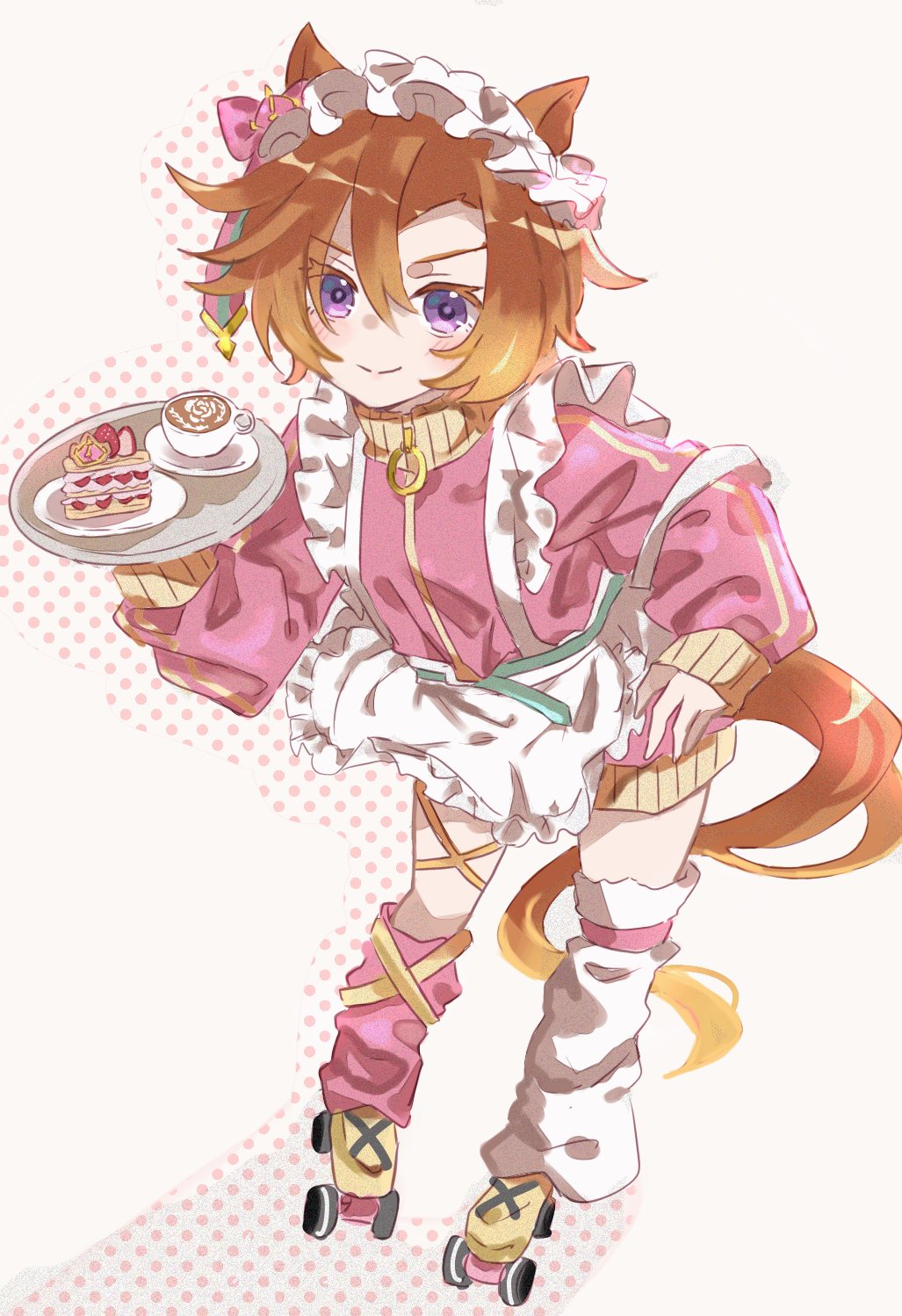 mokuroo, t.m. opera o (umamusume), umamusume, highres, 1girl, alternate costume, animal ears, apron, asymmetrical legwear, blush, cake, cake slice, closed mouth, coffee mug, cup, ear ornament, food, frilled apron, frills, hair between eyes, holding, holding tray, horse ears, horse girl, horse tail, jacket, jersey maid, leg warmers, long sleeves, looking at viewer, loose socks, maid, maid apron, maid headdress, mismatched legwear, mug, orange hair, orange tail, pink jacket, pink track suit, plate, purple eyes, roller skates, short hair, skates, smile, socks, solo, tail, thigh strap, track jacket, track suit, tray, unconventional maid, waist apron, white apron, white headdress