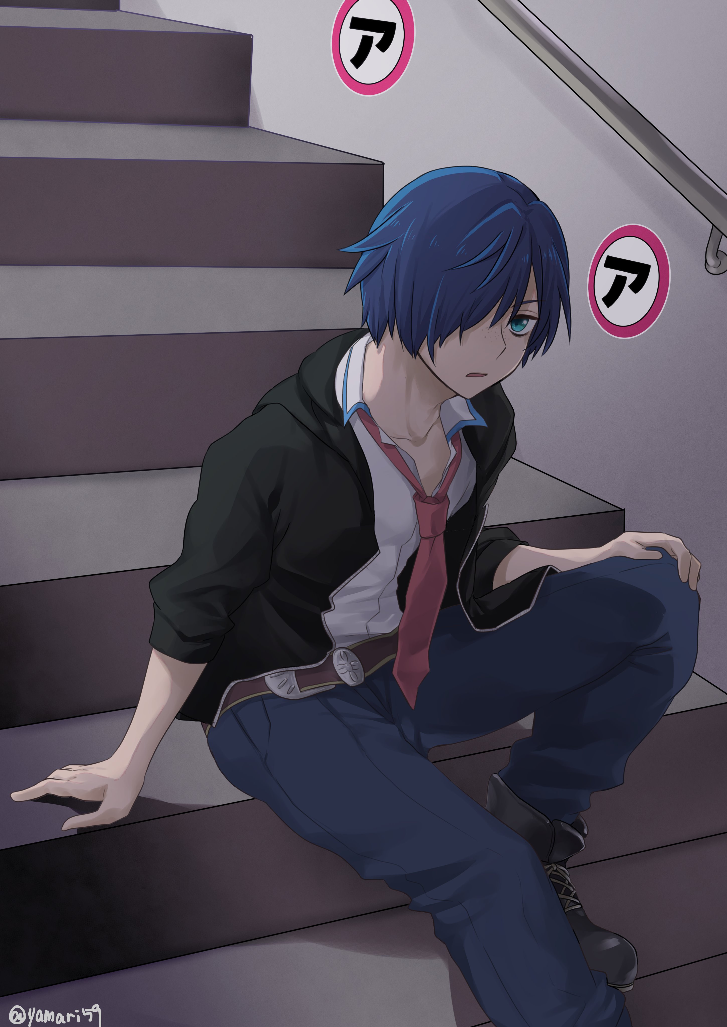 mari (rodoney-kiara), kuji toi, sarazanmai, absurdres, commentary request, highres, 1boy, arm support, black boots, blue eyes, blue hair, boots, collarbone, freckles, grey pants, hair over one eye, male focus, pants, parted lips, railing, short hair, sitting, sitting on stairs, solo, stairs