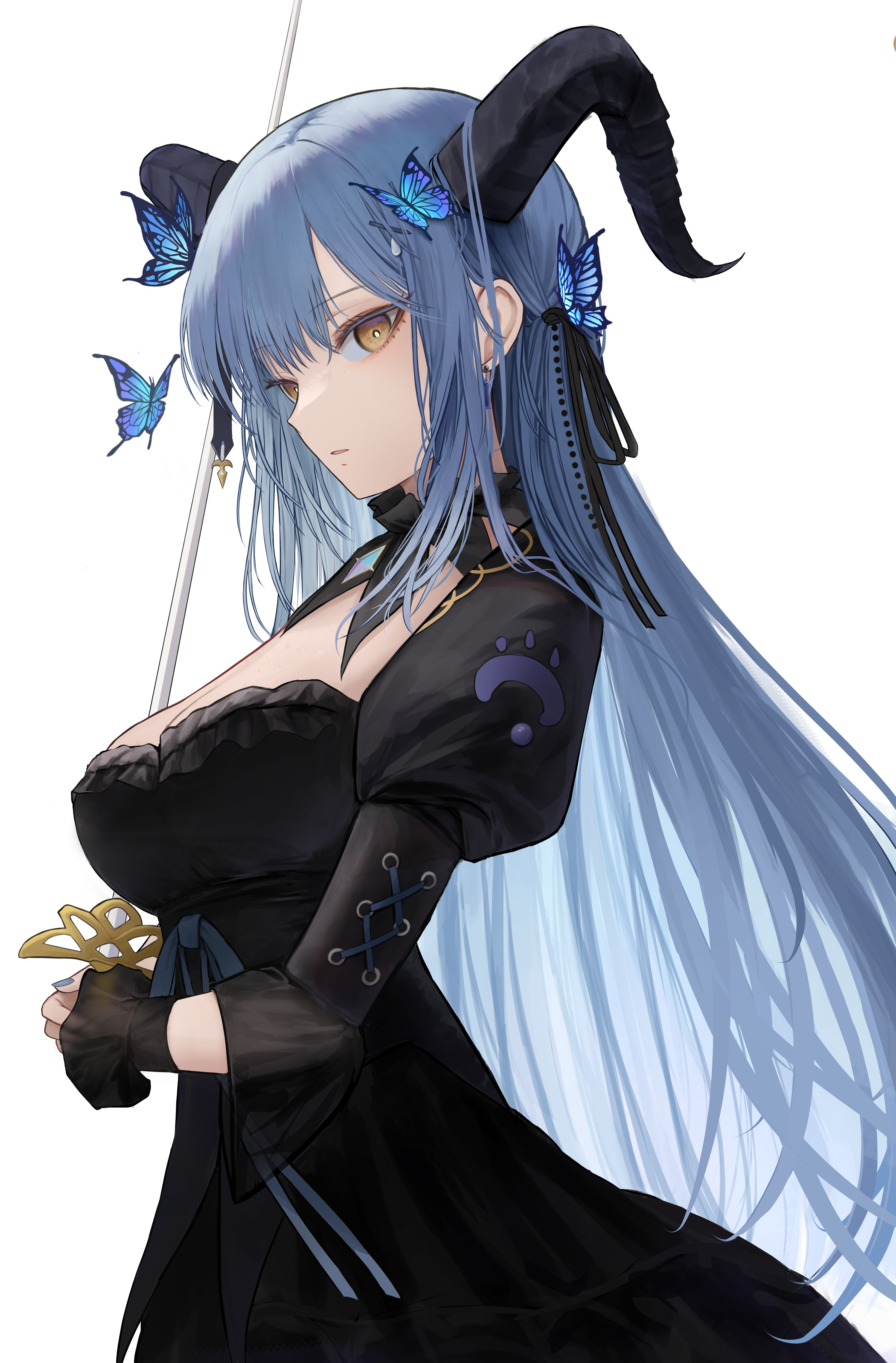 alc.3vol, togawa sakiko, togawa sakiko (master of melodia), arknights, bang dream!, bang dream! it's mygo!!!!!, absurdres, commentary, highres, 1girl, black collar, black dress, black horns, black ribbon, blue butterfly, blue hair, blue nails, blue ribbon, breasts, bright pupils, bug, butterfly, collar, cross-laced clothes, cross-laced sleeves, demon horns, dress, earrings, fingernails, from side, hair ornament, hair ribbon, hairclip, hands up, holding, holding sword, holding weapon, horns, insect, jewelry, juliet sleeves, large breasts, long hair, long sleeves, looking at viewer, looking to the side, nail polish, official alternate costume, parted lips, puffy sleeves, ribbon, see-through clothes, see-through sleeves, sideways glance, simple background, solo, standing, sword, upper body, very long hair, weapon, white background, white pupils, yellow eyes