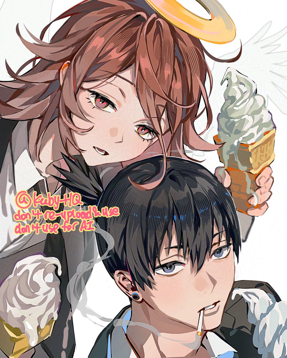 kuby hq, angel devil (chainsaw man), hayakawa aki, chainsaw man, highres, 2boys, black hair, black jacket, black necktie, black suit, business suit, cigarette, food, formal clothes, glowing, glowing halo, halo, ice cream, jacket, male focus, multiple boys, necktie, red hair, shirt tucked in, smoking, suit, suit jacket, traditional halo