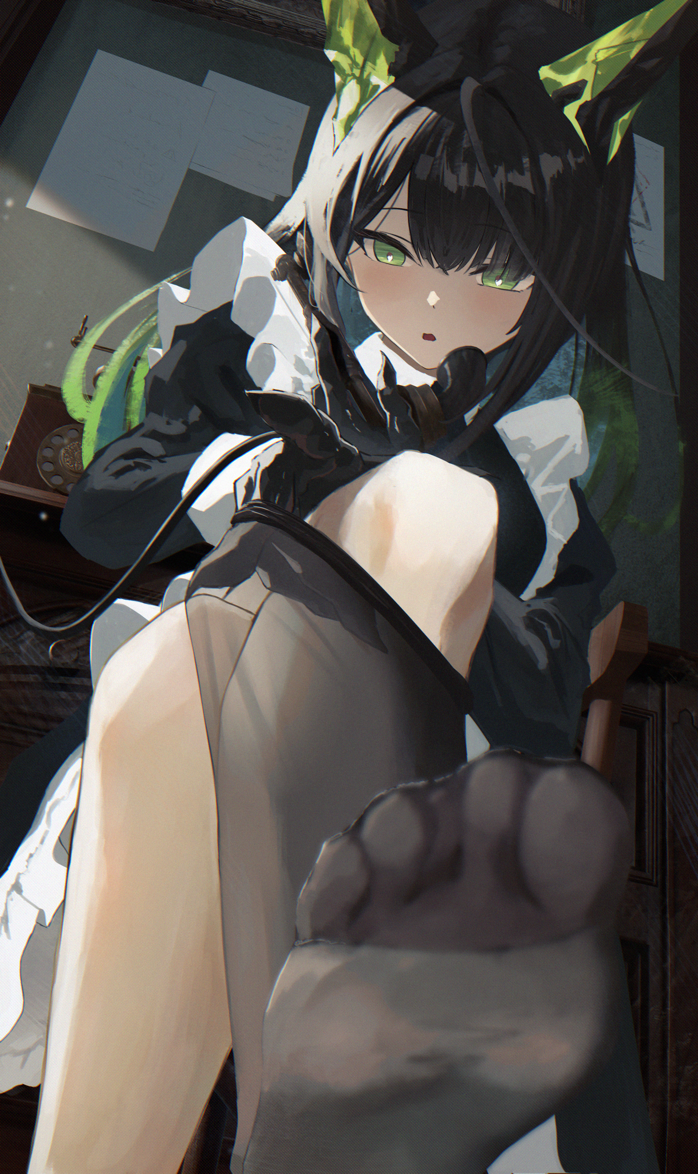 shikyou yoru, mon3tr (arknights), arknights, absurdres, highres, 1girl, :o, ahoge, alternate costume, animal ears, antique phone, apron, bare shoulders, black hair, black pantyhose, blush, cat ears, chalkboard, dress, enmaided, feet, foot focus, frilled apron, frills, green dress, green eyes, green hair, holding, holding phone, indoors, long hair, long sleeves, looking at viewer, maid, multicolored hair, open mouth, pantyhose, phone, puffy sleeves, putting on legwear, rotary phone, sitting, soles, solo, wire