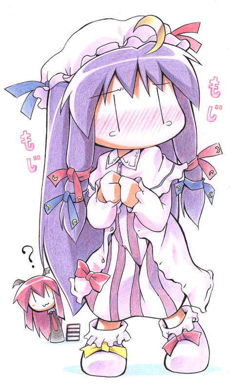 uccow, koakuma, patchouli knowledge, embodiment of scarlet devil, touhou, bad id, bad pixiv id, traditional media, 2girls, :3, chibi, female focus, full body, multiple girls, standing, white background, | |