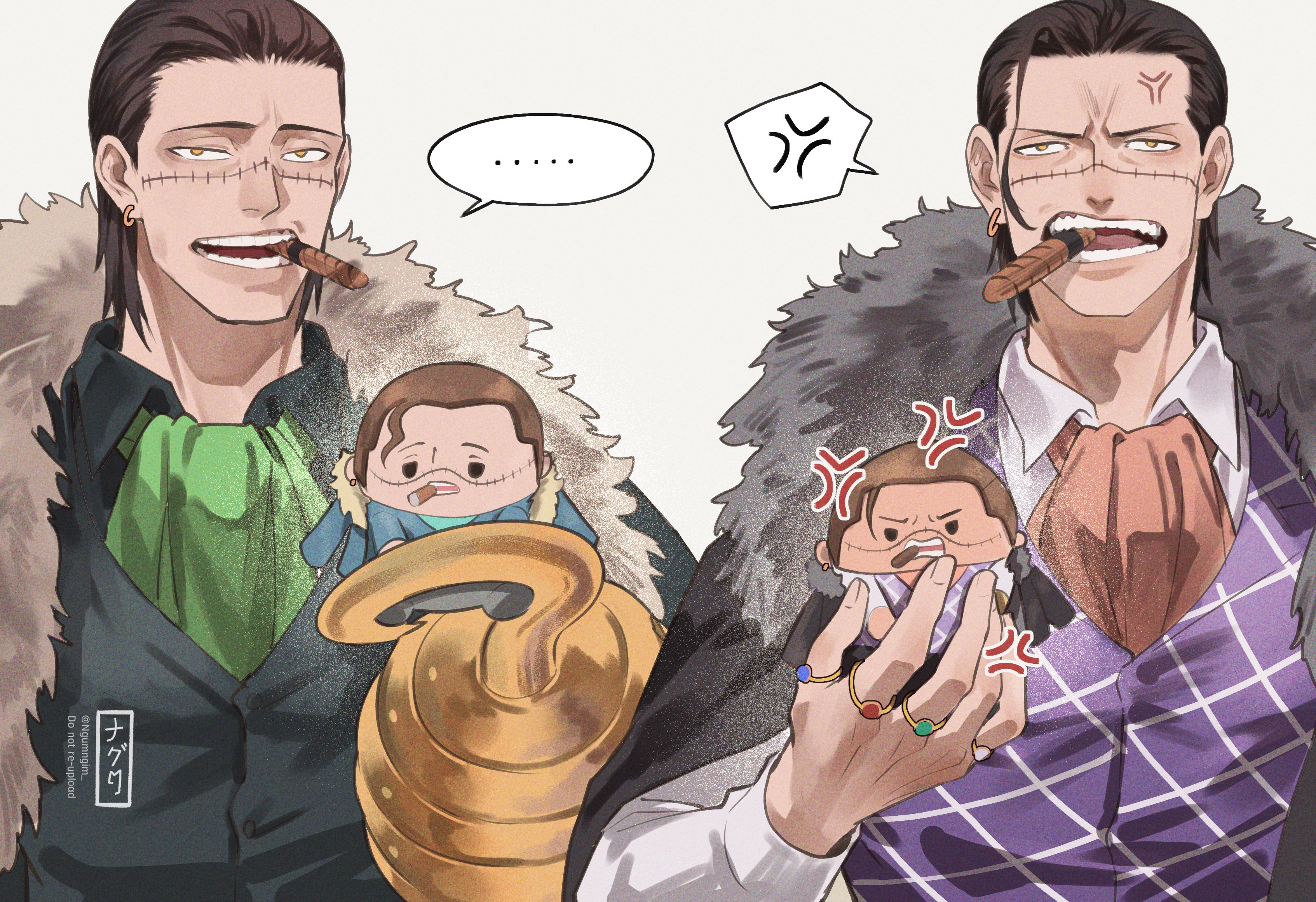 ngumngim, crocodile (one piece), one piece, absurdres, commentary, highres, symbol-only commentary, …, 1boy, anger vein, ascot, cape, character doll, cigar, doll, earrings, fingernails, fur-trimmed cape, fur trim, green ascot, hair slicked back, hook hand, jewelry, male focus, mature male, multiple views, orange ascot, orange eyes, purple vest, short hair, smoking, spoken anger vein, spoken ellipsis, stitched face, stitches, teeth, vest