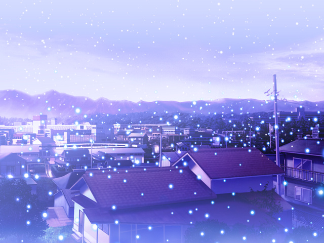 hinoue itaru, clannad, key (company), game cg, 00s, landscape, mountain, no humans, scenery, snow, snowing, still life, town, winter