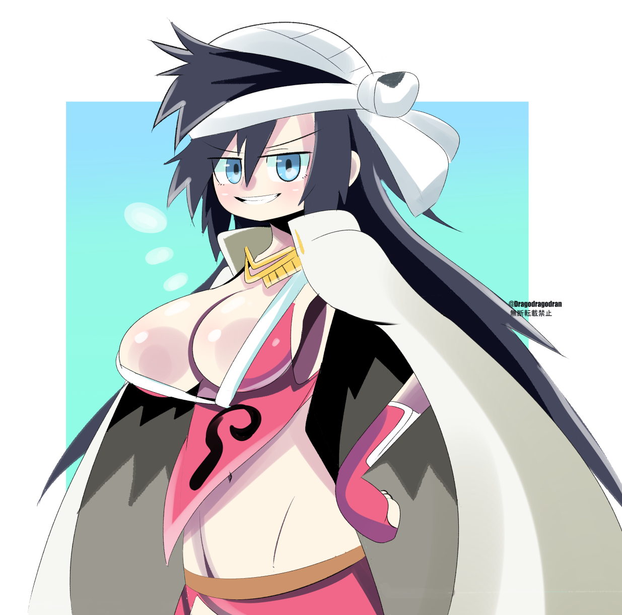 dragodragodran, shiba kuukaku, bleach, bleach: sennen kessen-hen, 1girl, artist name, bandaged head, bandages, black hair, blue eyes, breasts, cape, female focus, hand on own hip, large breasts, long hair, looking at viewer, navel, solo, solo focus, standing, teeth