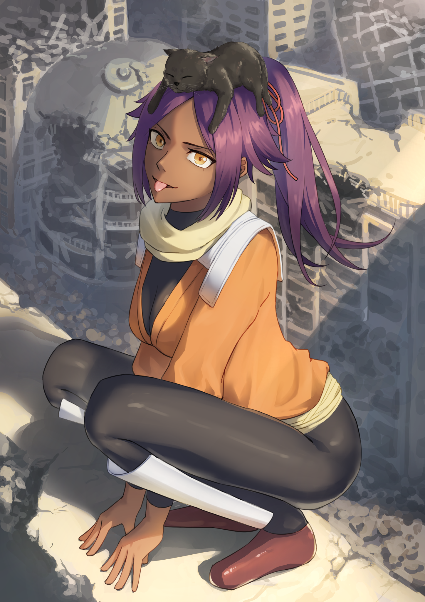 mikawa mikan, shihouin yoruichi, shihouin yoruichi (cat), bleach, 1girl, animal, animal on head, breasts, cat, cat on head, dark-skinned female, dark skin, hair ornament, large breasts, long hair, on head, parted bangs, ponytail, purple hair, rubble, tongue, tongue out, yellow eyes