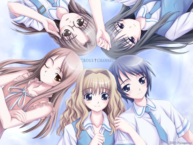 matsuryuu, hasekura youko, kirihara touko, miyasumi misato, sakura kiri, yamanobe miki, cross channel, non-web source, 5girls, circle formation, glasses, long hair, multiple girls, one eye closed, school uniform, short hair, wink