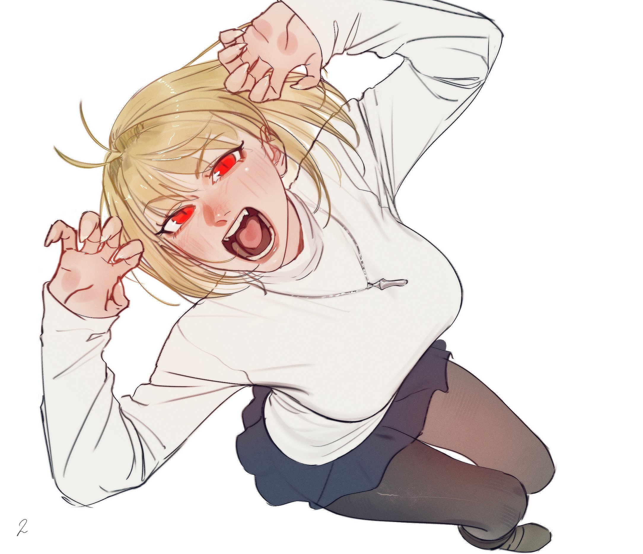 leodot, arcueid brunestud, tsukihime, tsukihime (remake), highres, 1girl, black boots, black pantyhose, black skirt, blonde hair, boots, breasts, claw pose, fang, full body, jewelry, large breasts, miniskirt, open mouth, pantyhose, pendant, red eyes, short hair, simple background, skirt, solo, sweater, white background, white sweater