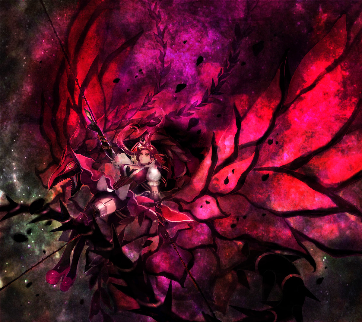 hiroko (artist), hiroko (keshika), black rose dragon, izayoi aki, nakako, yu-gi-oh!, yu-gi-oh! 5d's, 00s, 1girl, dragon, duel monster, red hair, thighhighs, yellow eyes, zettai ryouiki