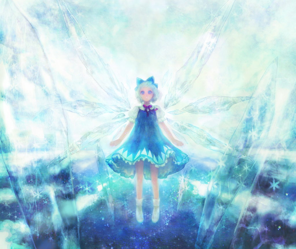 hiroko (artist), hiroko (keshika), cirno, nakako, embodiment of scarlet devil, touhou, bad id, bad pixiv id, 1girl, blue eyes, blue hair, circled 9, crystal, female focus, ice, matching hair/eyes, solo, wings