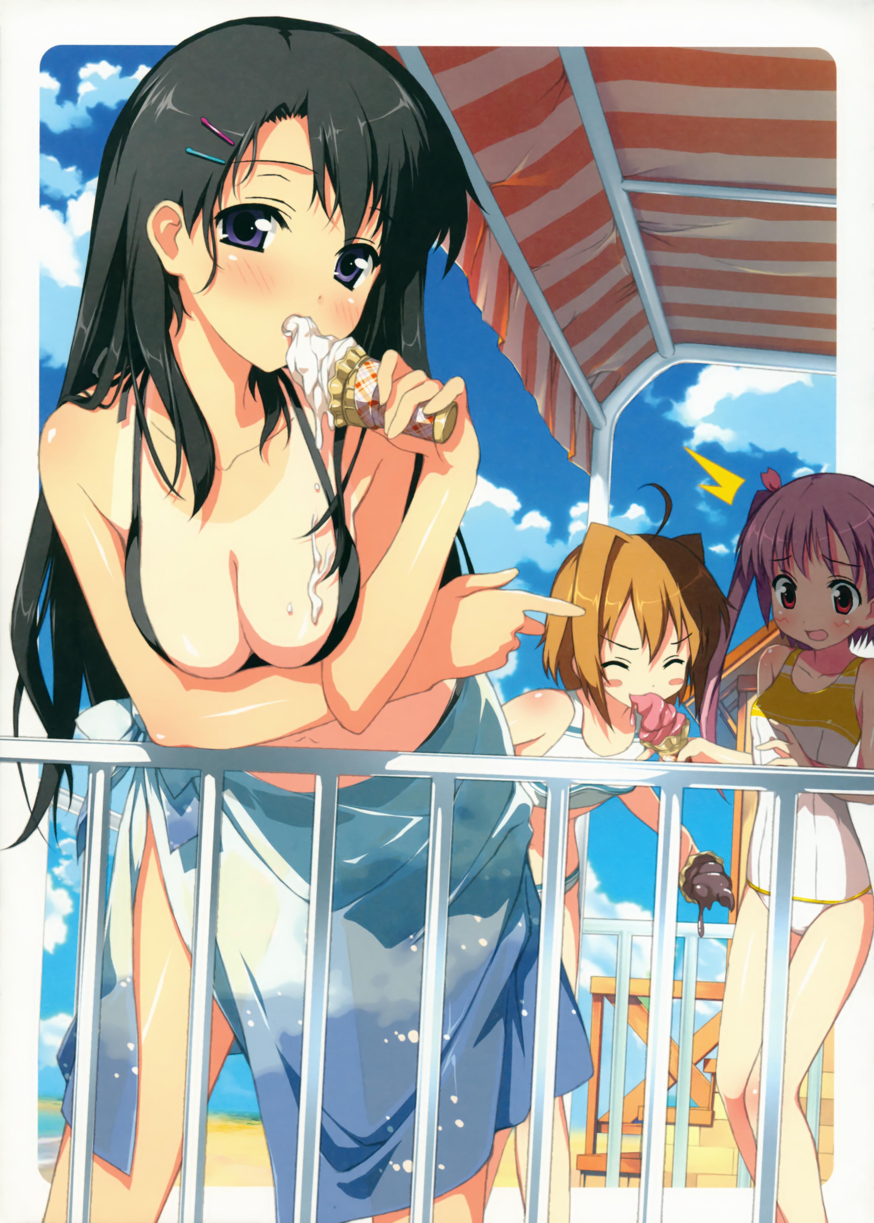 kantoku, miyaguchi hiromi, miyaguchi kanna, miyaguchi kei, original, framed, messy, absurdres, highres, 3girls, arm under breasts, bare legs, bikini, black hair, blue eyes, blush, blush stickers, breasts, brown hair, cleavage, cloud, day, eating, food, hair ornament, hairpin, ice cream, long hair, medium breasts, multiple girls, one-piece swimsuit, one-piece tan, orange hair, outside border, pink hair, purple eyes, purple hair, red eyes, sarong, see-through clothes, sexually suggestive, short hair, siblings, side ponytail, sisters, sky, swimsuit, tan, tankini, tanline, twintails