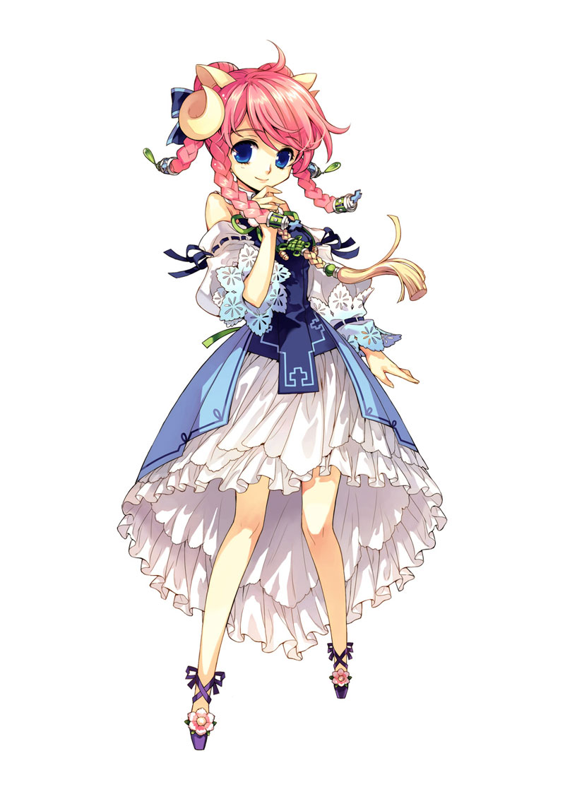 sheep (trickster), trickster (ntreev soft), 10s, animal ears, blue eyes, bow, braid, detached sleeves, dress, high heels, horns, pink hair, ribbon, sheep ears, shoes, solo
