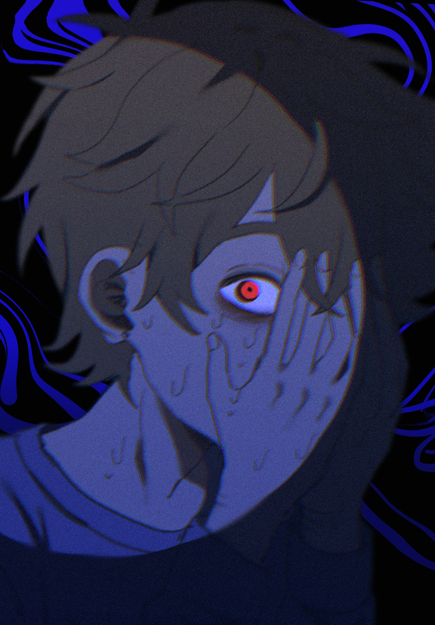 my loleeta, hero (faraway) (omori), hero (omori), omori, highres, 1boy, bags under eyes, black background, blue background, blue shirt, brown hair, chromatic aberration, covering face, crossed bangs, film grain, hands up, long sleeves, looking at viewer, red eyes, shirt, short hair, simple background, solo, sweat, two-tone background, very short hair, wide-eyed