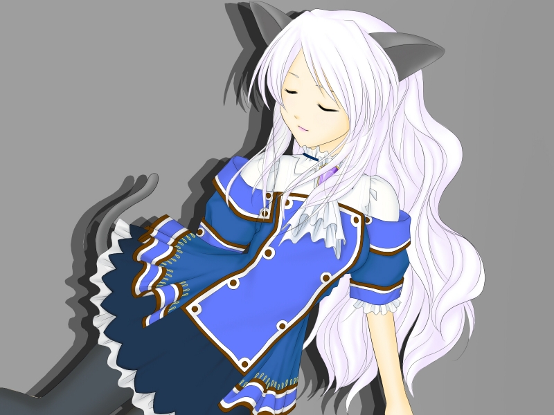 cat (trickster), trickster (ntreev soft), 10s, 1girl, animal ears, cat ears, cat girl, cat tail, closed eyes, female focus, skirt, solo, tail, thighhighs, white hair