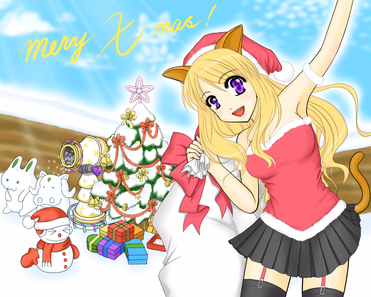cat (trickster), trickster (ntreev soft), 10s, animal ears, bare shoulders, black thighhighs, blonde hair, cat ears, cat tail, christmas, christmas tree, garter belt, hat, purple eyes, santa hat, skirt, snow, snowman, solo, tail, thighhighs, zettai ryouiki