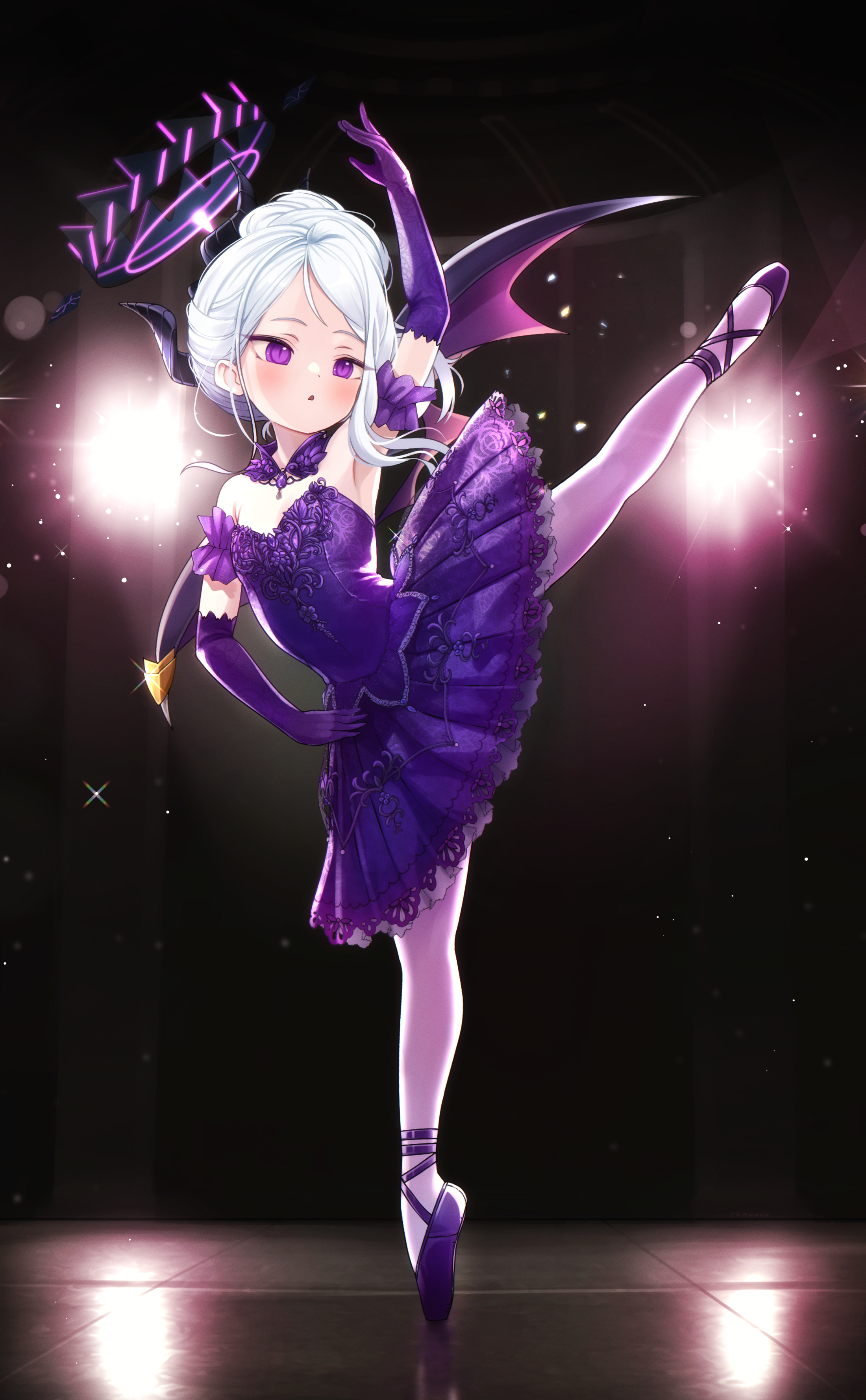 comodox, hina (blue archive), blue archive, absurdres, commentary, commission, english commentary, highres, 1girl, alternate costume, ballerina, black horns, demon girl, demon horns, demon wings, dress, elbow gloves, full body, gloves, halo, hands on own hips, horns, long hair, open mouth, pantyhose, purple dress, purple eyes, purple gloves, purple halo, purple pantyhose, purple shoes, purple wings, shoes, solo, split, standing, standing on one leg, standing split, strapless, strapless dress, tiptoes, updo, white hair, wings
