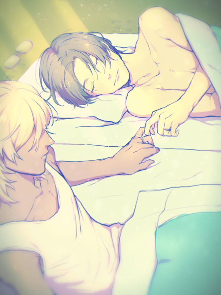 todoroku44, akutsu mabu, niiboshi reo, sarazanmai, commentary request, blonde hair, brown hair, closed eyes, closed mouth, collarbone, eyelashes, light rays, male focus, pillow, short hair, sleeping, sunbeam, sunlight, tan, tank top, under covers, white tank top, yaoi