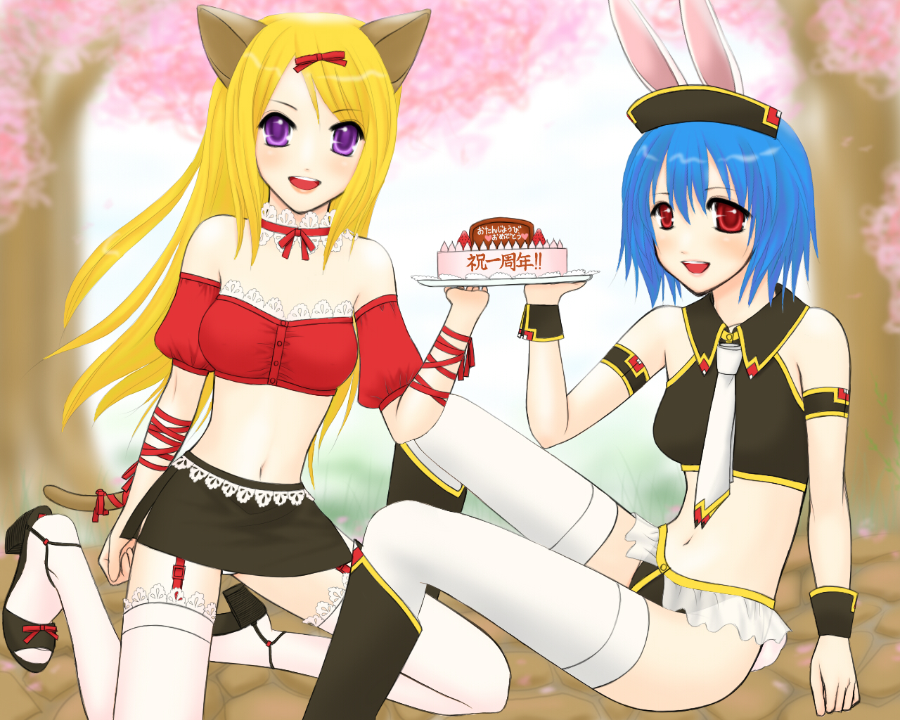 bunny (trickster), cat (trickster), trickster (ntreev soft), 10s, animal ears, armlet, blonde hair, blue hair, bow, bracelet, cake, cat ears, cherry blossoms, choker, food, hair bow, high heels, jewelry, kneeling, midriff, necktie, panties, pantyshot, pastry, purple eyes, rabbit ears, red eyes, ribbon, sandals, shoes, sitting, skirt, thighhighs, underwear, white panties, white thighhighs