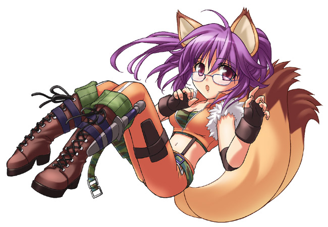 nobody knows, fox (trickster), trickster (ntreev soft), 10s, 1girl, animal ears, boots, female focus, fingerless gloves, fox ears, fox tail, glasses, gloves, knife, midriff, pants, purple hair, red eyes, simple background, solo, tail, tight clothes, tight pants, white background