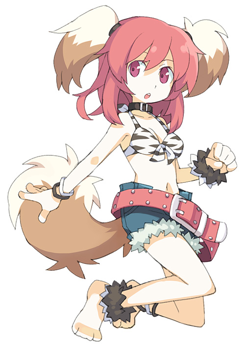 vinosh (trickster), trickster (ntreev soft), 10s, animal ears, anklet, barefoot, belt, bikini, bikini top only, bracelet, choker, denim, denim shorts, jewelry, midriff, red eyes, red hair, shorts, solo, swimsuit, tail