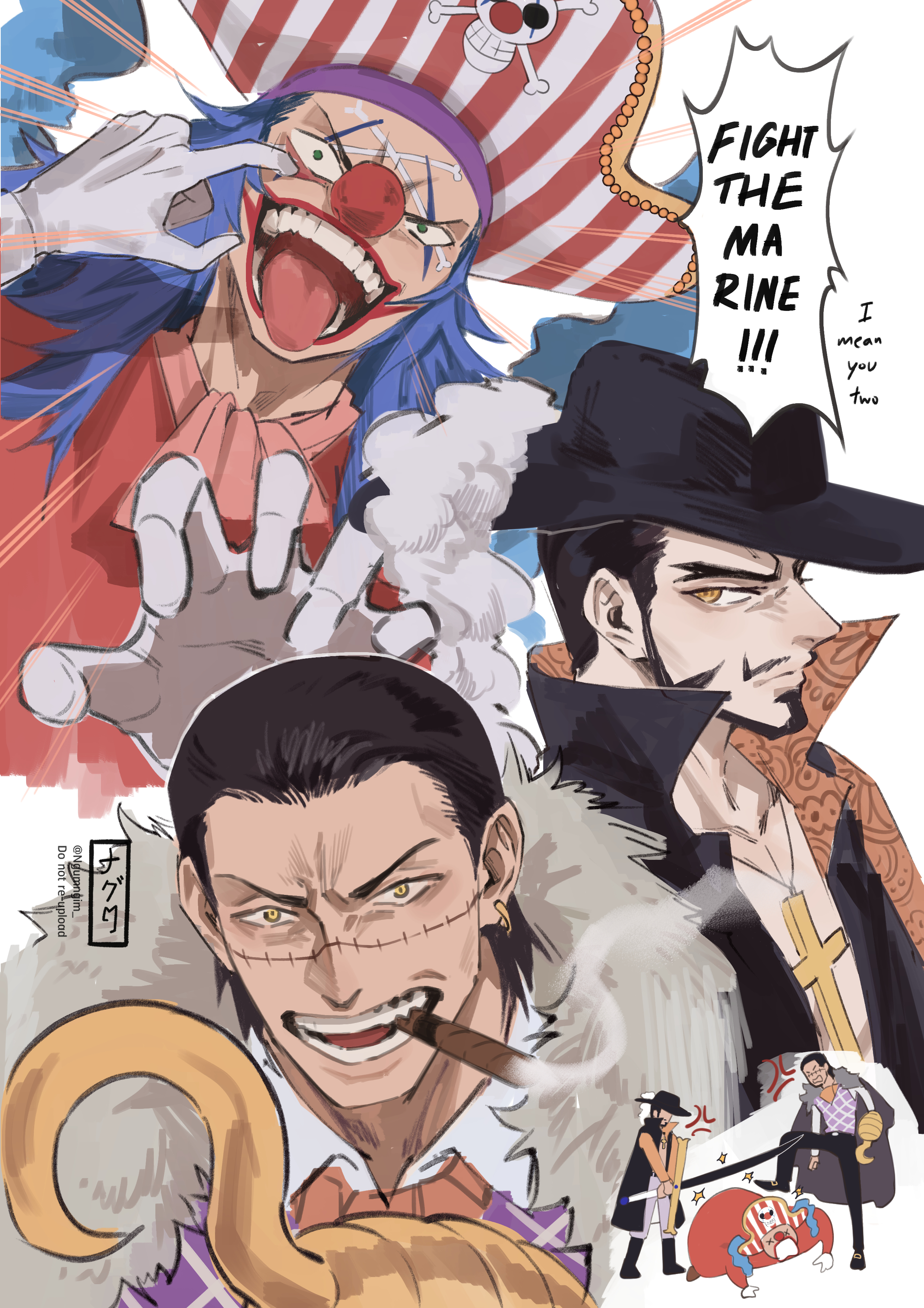 ngumngim, buggy the clown, crocodile (one piece), dracule mihawk, one piece, absurdres, highres, 3boys, anger vein, ascot, beard, black hair, chinstrap beard, cigar, closed mouth, clown nose, cross, cross necklace, english text, eyelid pull, facial hair, hair slicked back, hat, hook hand, jewelry, male focus, mature male, mouth hold, multiple boys, multiple views, mustache, necklace, orange eyes, red ascot, smoking, speech bubble, stitched face, stitches, sword, teeth hold, tongue, tongue out, weapon