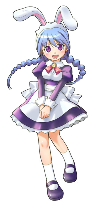 ojiri shin'ya, bunny maid, trickster (ntreev soft), 10s, 1girl, animal ears, apron, blue hair, braid, dress, female focus, maid, maid apron, purple eyes, rabbit ears, socks, solo, twin braids, twintails