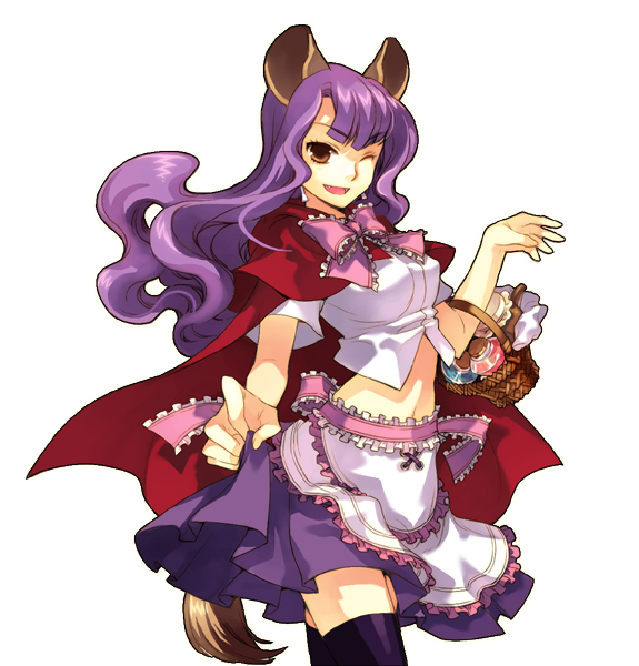 card girl (trickster), trickster (ntreev soft), 10s, animal ears, apron, basket, black thighhighs, bow, brown eyes, cape, midriff, one eye closed, purple hair, ribbon, skirt, solo, tail, thighhighs, wink, zettai ryouiki