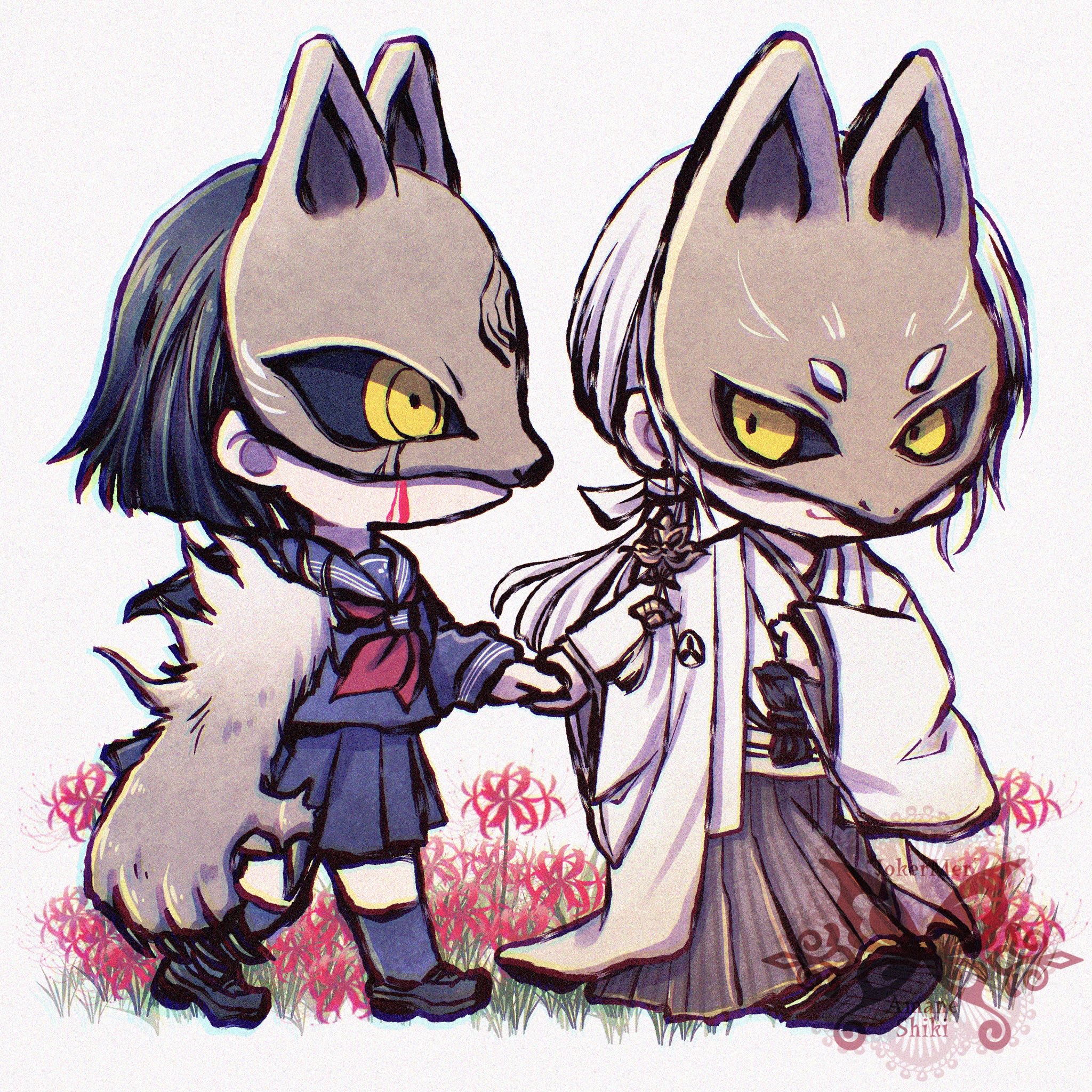 shion-1115, fox mask (silent hill), shimizu hinako, silent hill (series), silent hill f, highres, spoilers, 1boy, 1girl, black hair, black serafuku, black skirt, black socks, bleeding, blood, chibi, flower, fox hinako, fox mask, grey background, holding hands, japanese clothes, long hair, mask, mismatched arms, pleated skirt, ponytail, school uniform, serafuku, simple background, skirt, socks, spider lily, watermark, white hair, yellow eyes