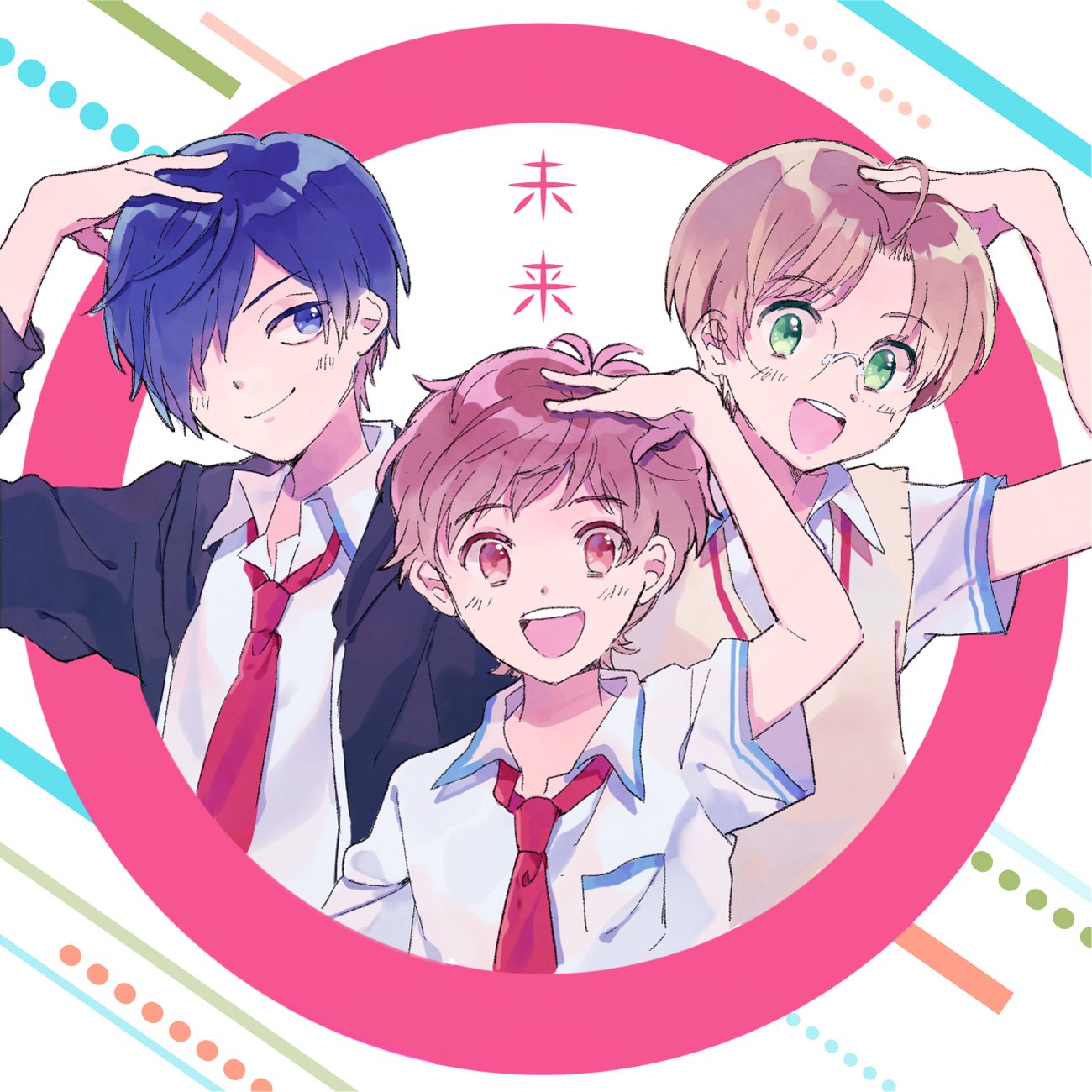 maayan, jinnai enta, kuji toi, yasaka kazuki, sarazanmai, commentary request, highres, translation request, 3boys, ahoge, black jacket, blue eyes, blue hair, brown sweater vest, hair over one eye, happy, jacket, male focus, multiple boys, necktie, open mouth, red eyes, red necktie, round eyewear, shirt, short hair, sweater vest, white shirt
