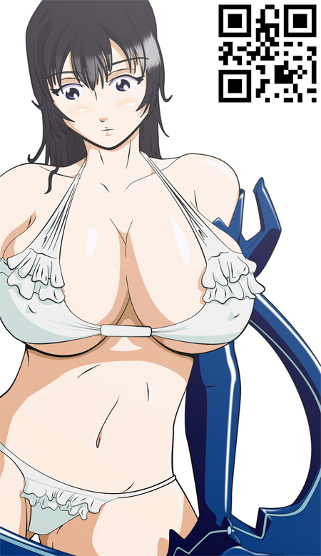 esushi, tsuzuki shiori, witchblade, blade, 00s, 1girl, bikini, black hair, blue eyes, blush, breasts, cleavage, covered erect nipples, elbow gloves, embarrassed, female focus, frilled bikini, frills, gloves, groin, hair between eyes, halterneck, huge breasts, looking down, navel, qr code, sideboob, simple background, solo, standing, swimsuit, underboob, weapon, white background, white bikini