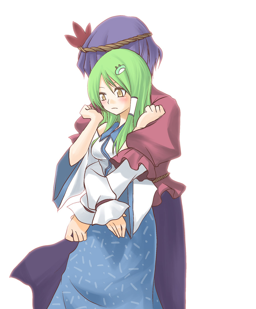 hane (hanegoya), kochiya sanae, yasaka kanako, touhou, 2girls, blue hair, blue skirt, covering face, cowboy shot, crossed arms, detached sleeves, dress, female focus, green hair, hair ornament, headband, hug, hug from behind, leaf, leaf hair ornament, long sleeves, multiple girls, nontraditional miko, puffy short sleeves, puffy sleeves, red dress, rope, short hair, short sleeves, simple background, skirt, standing, vest, white background, yellow eyes