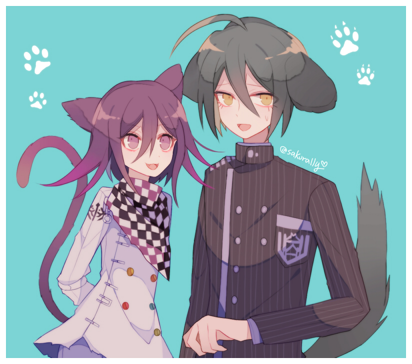 sakura (fein5862817), oma kokichi, saihara shuichi, danganronpa (series), danganronpa v3: killing harmony, 2boys, aegyo sal, ahoge, animal ears, aqua background, aqua hair, arm belt, arms behind back, belt, black jacket, black scarf, border, breast pocket, buttons, cat boy, cat ears, cat tail, chain, checkered clothes, checkered scarf, collared jacket, crest, dog boy, dog ears, dog tail, double-breasted, eyes visible through hair, floppy ears, hair between eyes, height difference, high collar, jacket, kemonomimi mode, layered sleeves, long eyelashes, long hair between eyes, long sleeves, looking ahead, looking at another, looking at viewer, male focus, multicolored buttons, multiple boys, nervous smile, open mouth, pants, paw print, pinstripe jacket, pinstripe pattern, pocket, pointy nose, purple hair, scarf, short hair, simple background, smile, sweatdrop, tail, tail raised, torn clothes, torn jacket, twitter username, two-tone scarf, undershirt, upper body, white belt, white border, white jacket, white pants, white scarf, yellow eyes