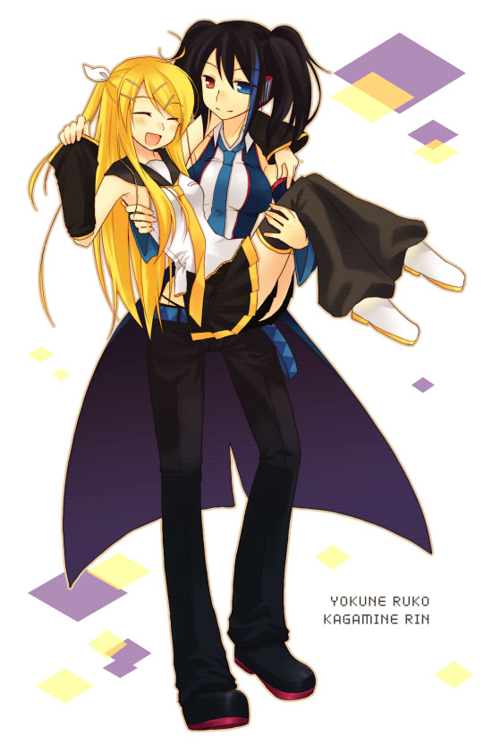 tamura hiro, kagamine rin, kagamine rin (future style), yokune ruko, utau, vocaloid, bad id, bad pixiv id, 2girls, ^ ^, alternate hairstyle, armpits, black hair, blonde hair, blouse, blue eyes, blue necktie, carrying, closed eyes, collared shirt, crossover, detached sleeves, height difference, heterochromia, leg warmers, long hair, multiple girls, necktie, panties, pants, princess carry, red eyes, shirt, size difference, skirt, sleeveless, sleeveless shirt, smile, twintails, underwear, white shirt, yellow necktie