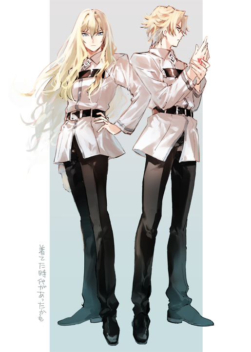 m-tobiei, daybit sem void, kirschtaria wodime, fate/grand order, fate (series), commentary, translated, 2boys, arm at side, belt, belt buckle, bishounen, black belt, black pants, black shoes, blonde hair, blue background, buckle, chaldea logo, chaldea uniform, chest belt, closed mouth, collared jacket, command spell, expressionless, full body, gradient background, grey background, grey eyes, hair between eyes, hand on own hip, hands up, jacket, long hair, long sleeves, looking ahead, looking at viewer, male focus, multiple boys, outside border, own hands together, pants, pillarboxed, shoes, short hair, side-by-side, simple background, standing, wavy hair, white jacket