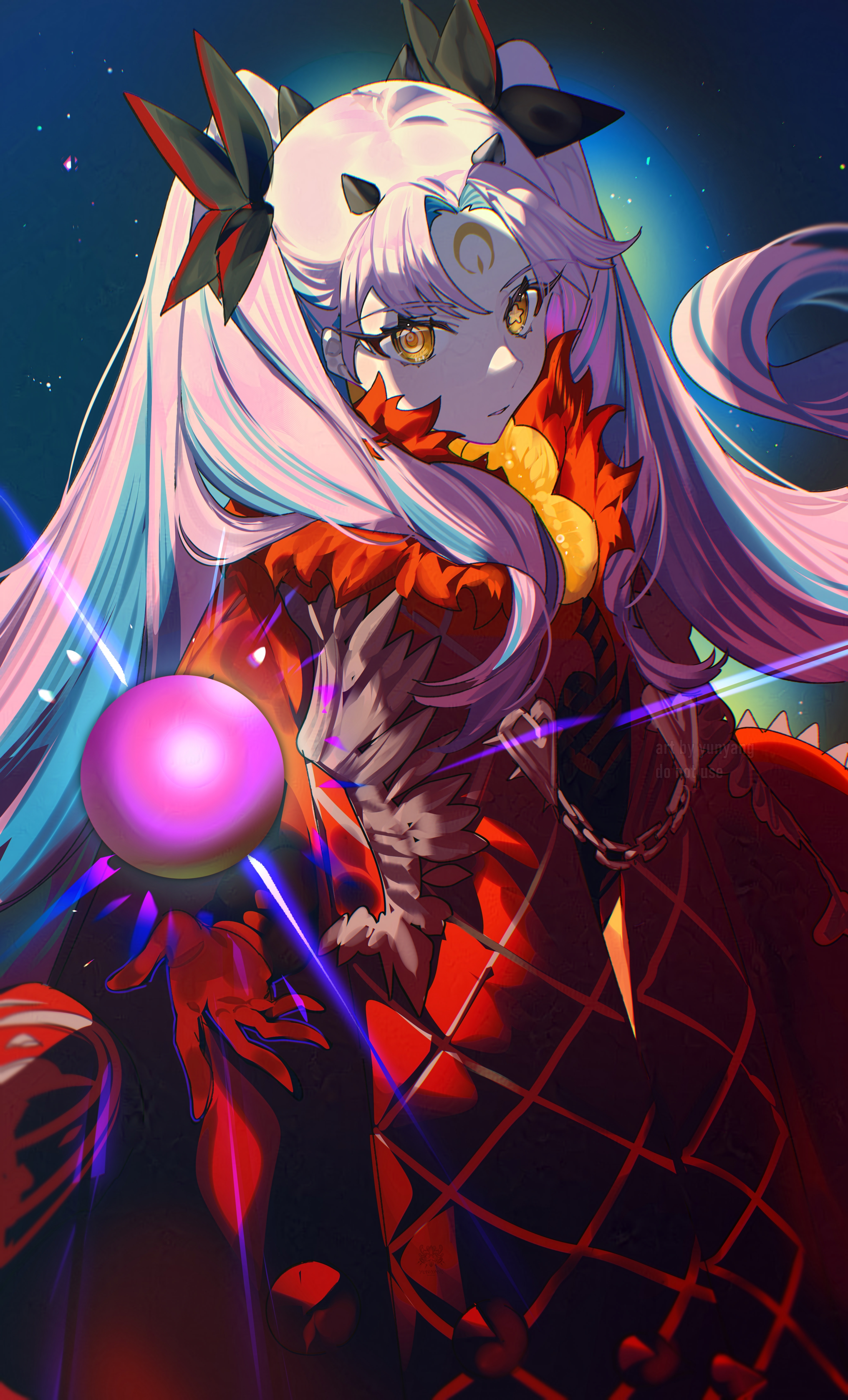 yun-yang, ishtar (fate), space ishtar (fate), space ishtar (third ascension) (fate), fate/grand order, fate (series), absurdres, highres, 1girl, blue hair, bodysuit, breasts, cloak, facial mark, forehead mark, fur-trimmed cloak, fur trim, gloves, hair ribbon, horns, long hair, looking at viewer, medium breasts, multicolored hair, orb, parted bangs, pink hair, red bodysuit, red cloak, red gloves, ribbon, solo, symbol-shaped pupils, two-tone hair, two side up, yellow eyes