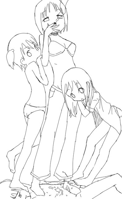 itou chika, itou nobue, matsuoka miu, ichigo mashimaro, age difference, barefoot, cigarette, denim, feet, femdom, footjob, greyscale, jeans, loli, lolidom, monochrome, onee-loli, pants, penis, smoking, topless female, trample, yuri