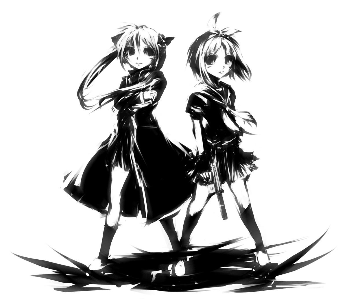 mohomen, hiiragi kagami, hiiragi tsukasa, lucky star, metal gear (series), metal gear solid, 2girls, coat, fingerless gloves, full body, gloves, greyscale, gun, hairband, handgun, high contrast, long hair, monochrome, multiple girls, parody, pistol, school uniform, semi-automatic pistol, serafuku, siblings, sisters, standing, suppressor, twins, twintails, weapon