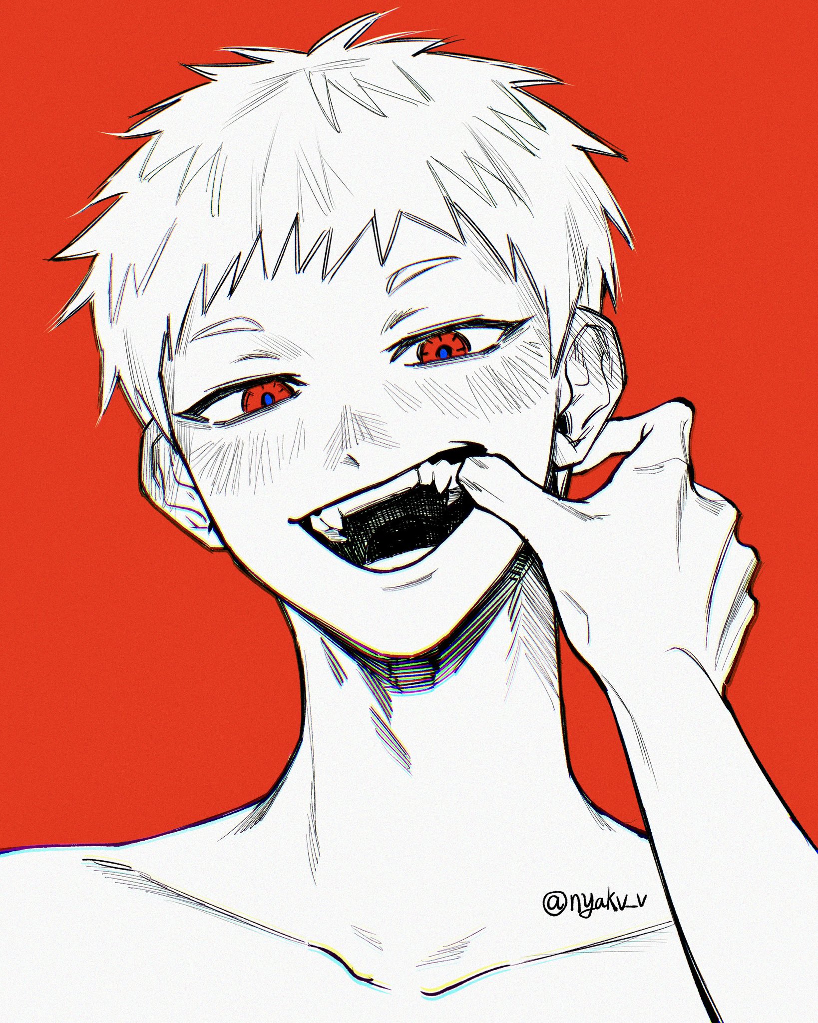 indou hikaru, tsujinaka yoshiki, hikaru ga shinda natsu, hashtag-only commentary, highres, 2boys, blue pupils, blush, collarbone, ear blush, fangs, looking at viewer, male focus, mouth pull, multiple boys, nude, nyakv v, out of frame, red background, red eyes, short hair, solo focus, teeth, twitter username, yaoi